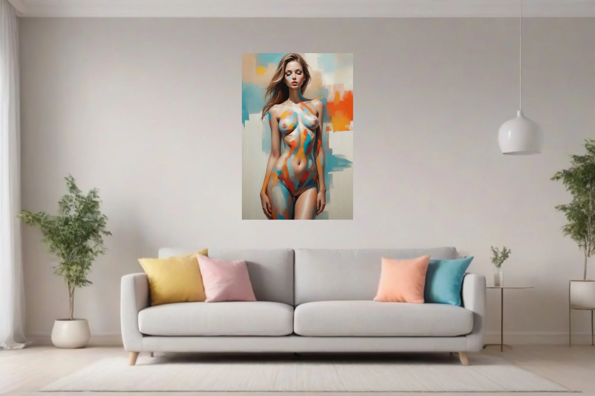 Abstract nude figure study with bold color-block strokes in teal, orange, and gold