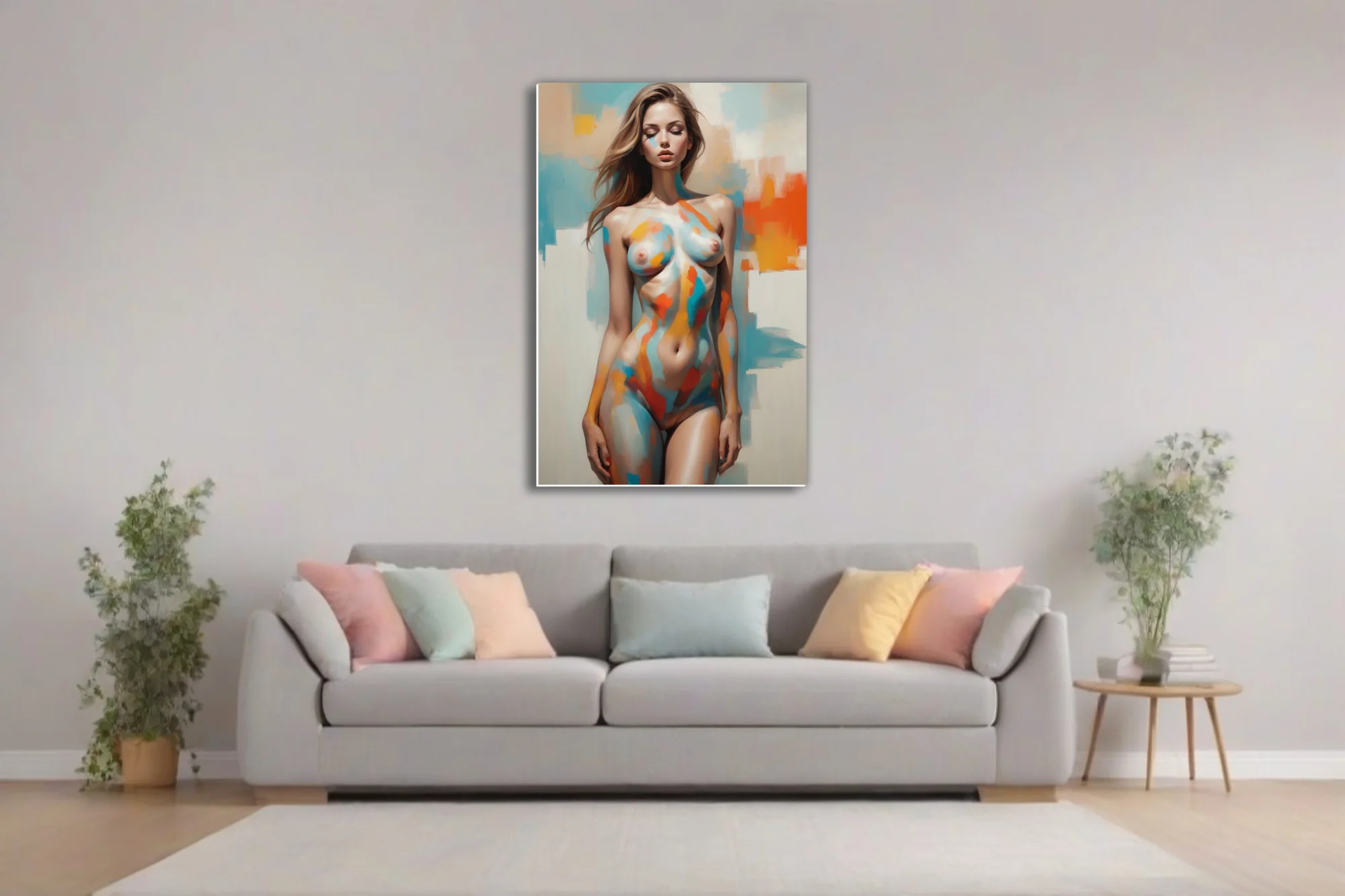 Abstract nude figure study with bold color-block strokes in teal, orange, and gold
