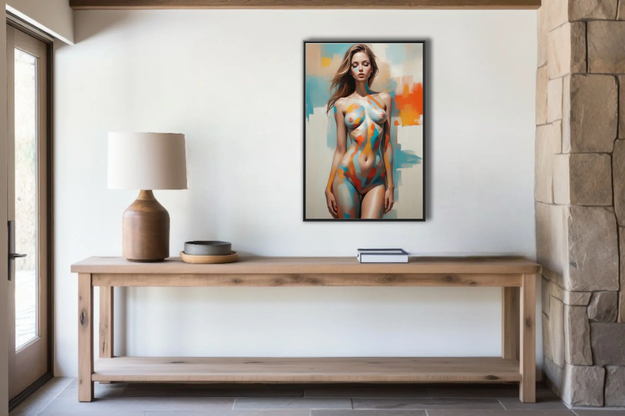 Abstract nude figure study with bold color-block strokes in teal, orange, and gold