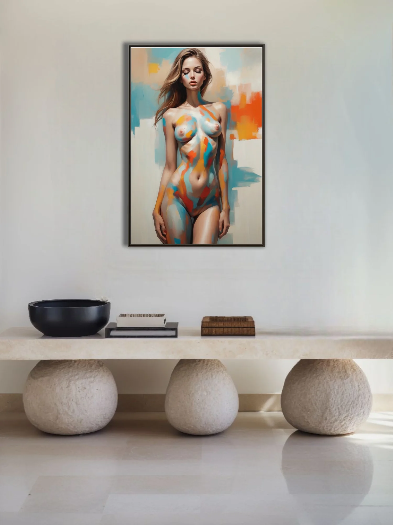 Abstract nude figure study with bold color-block strokes in teal, orange, and gold