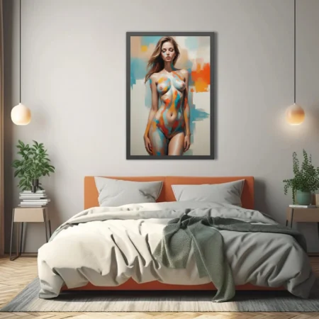 Abstract nude figure study with bold color-block strokes in teal, orange, and gold