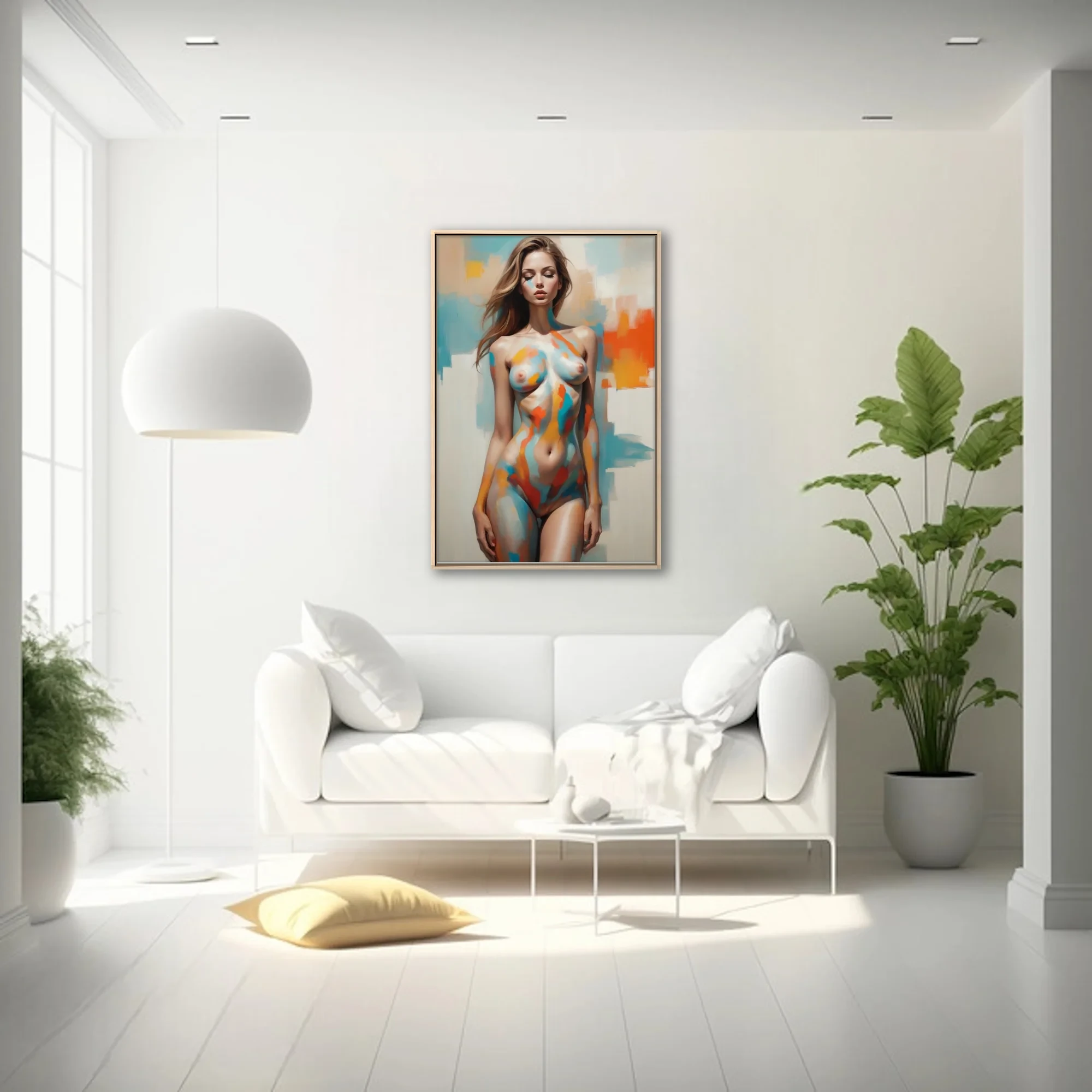 Abstract nude figure study with bold color-block strokes in teal, orange, and gold