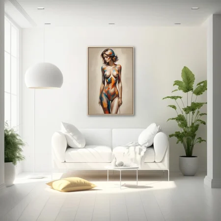 Geometric nude figure study in warm amber, cobalt, and terracotta tones