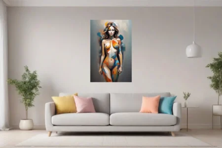 Contemporary figurative nude study in geometric color blocks of orange, blue and ochre on smoky grey