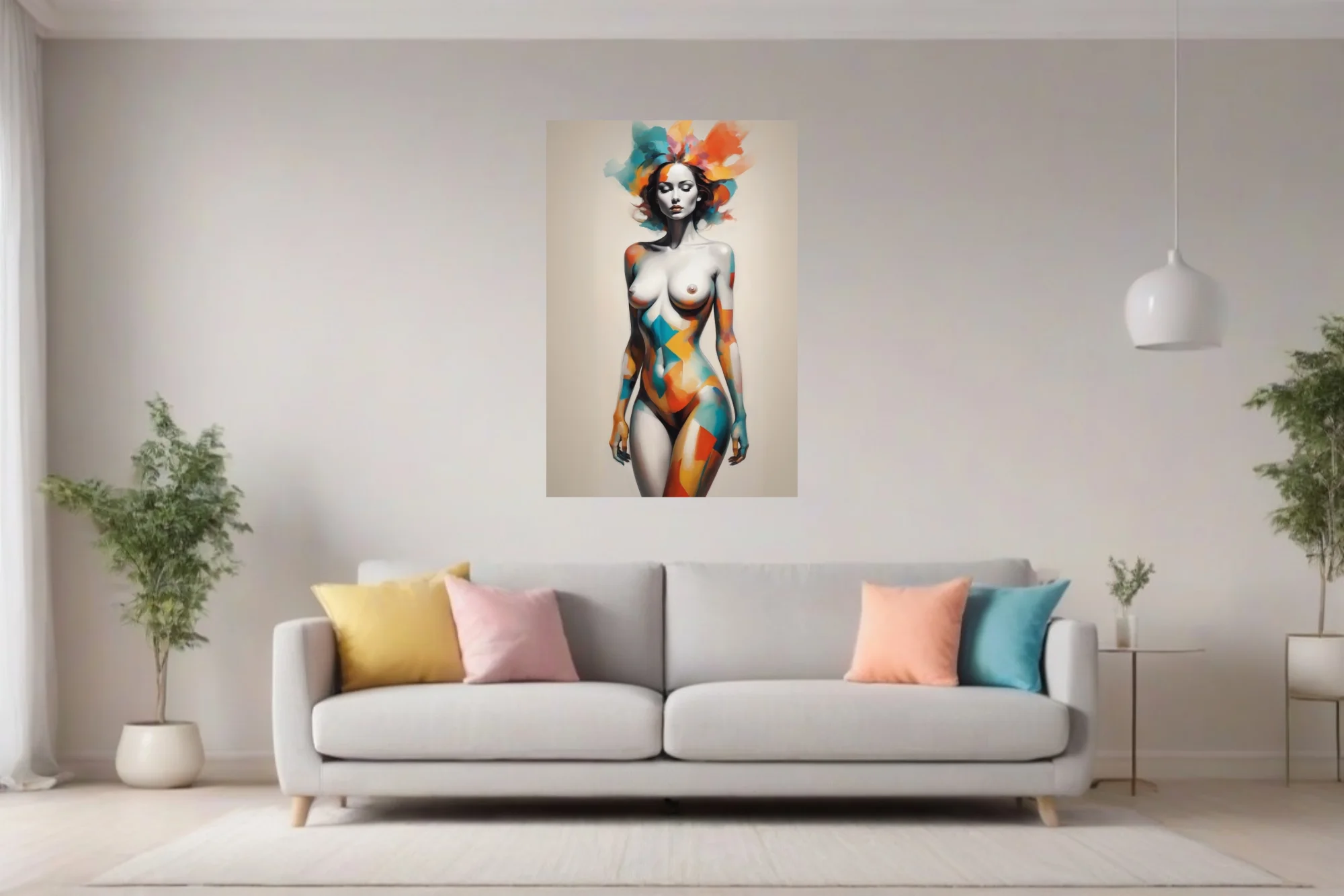 Abstract female figure study with geometric color overlays in teal, orange, and red