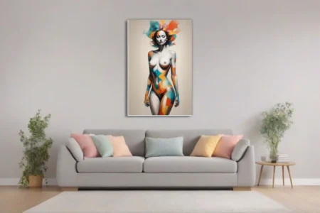 Abstract female figure study with geometric color overlays in teal, orange, and red