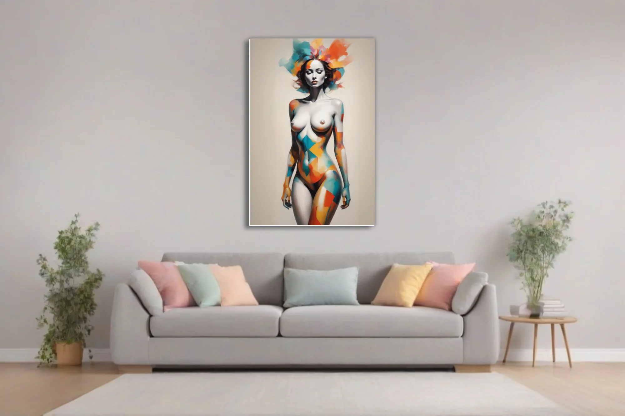 Abstract female figure study with geometric color overlays in teal, orange, and red