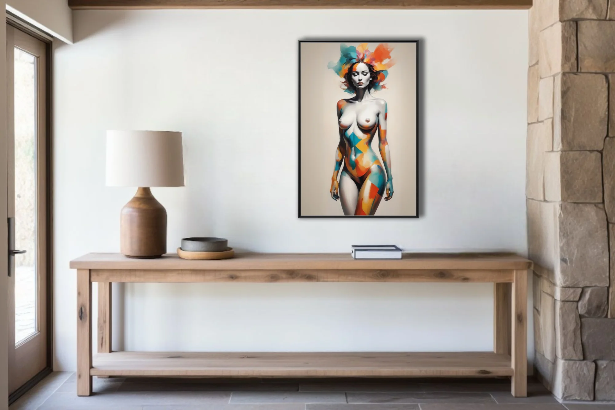 Abstract female figure study with geometric color overlays in teal, orange, and red