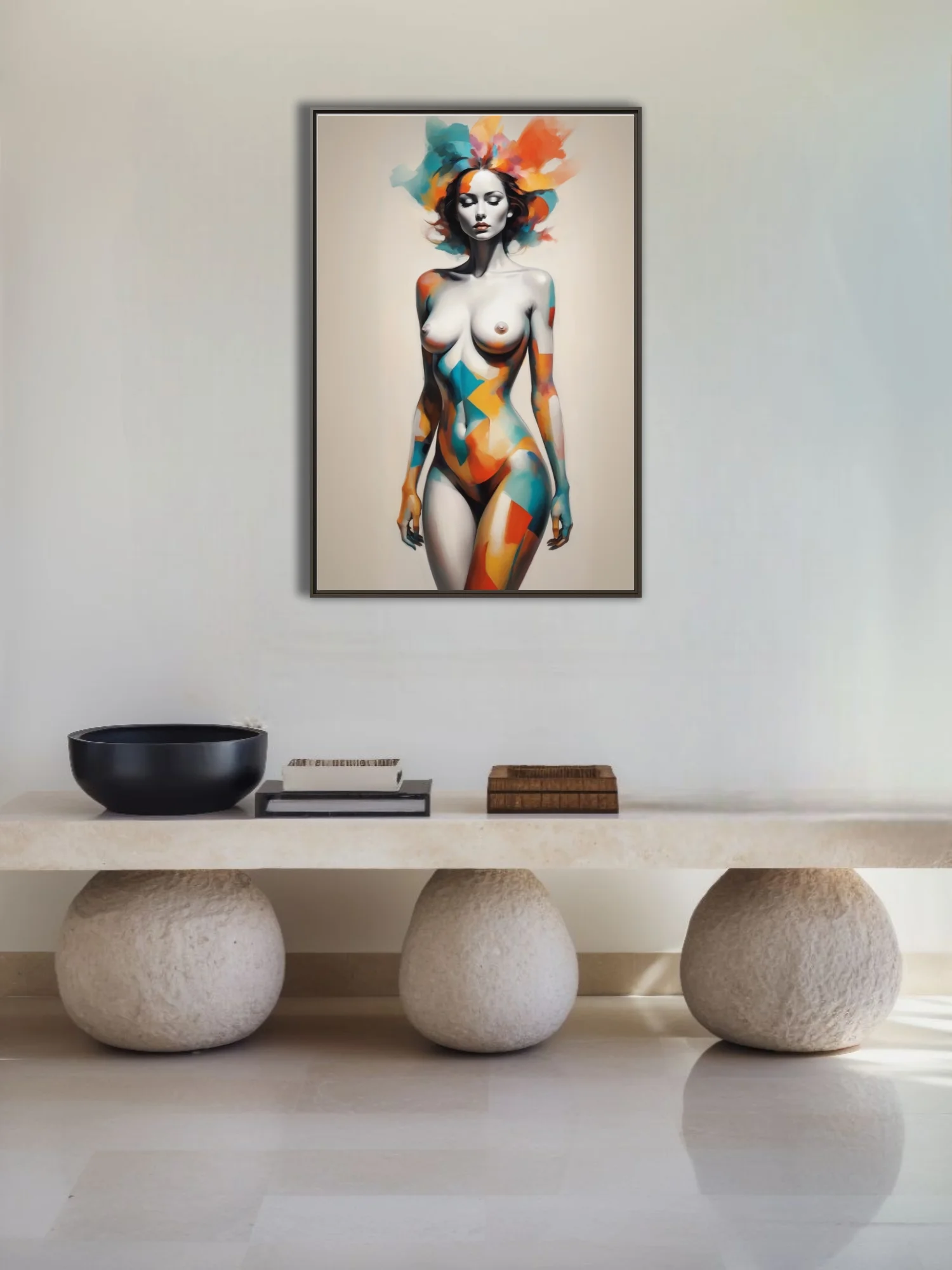 Abstract female figure study with geometric color overlays in teal, orange, and red