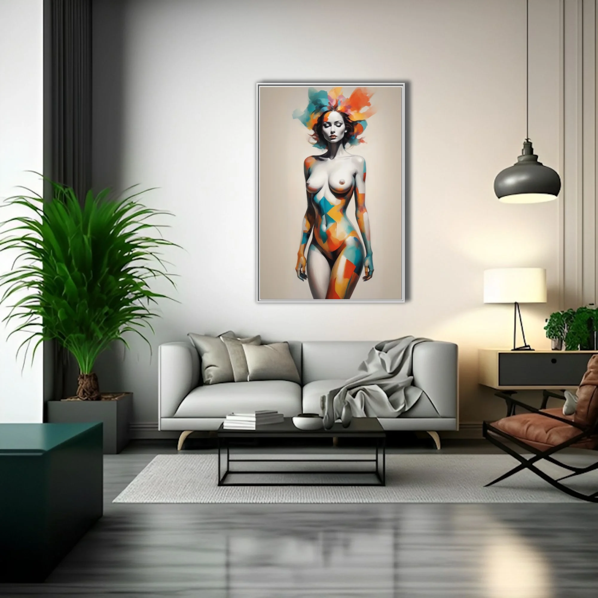 Abstract female figure study with geometric color overlays in teal, orange, and red