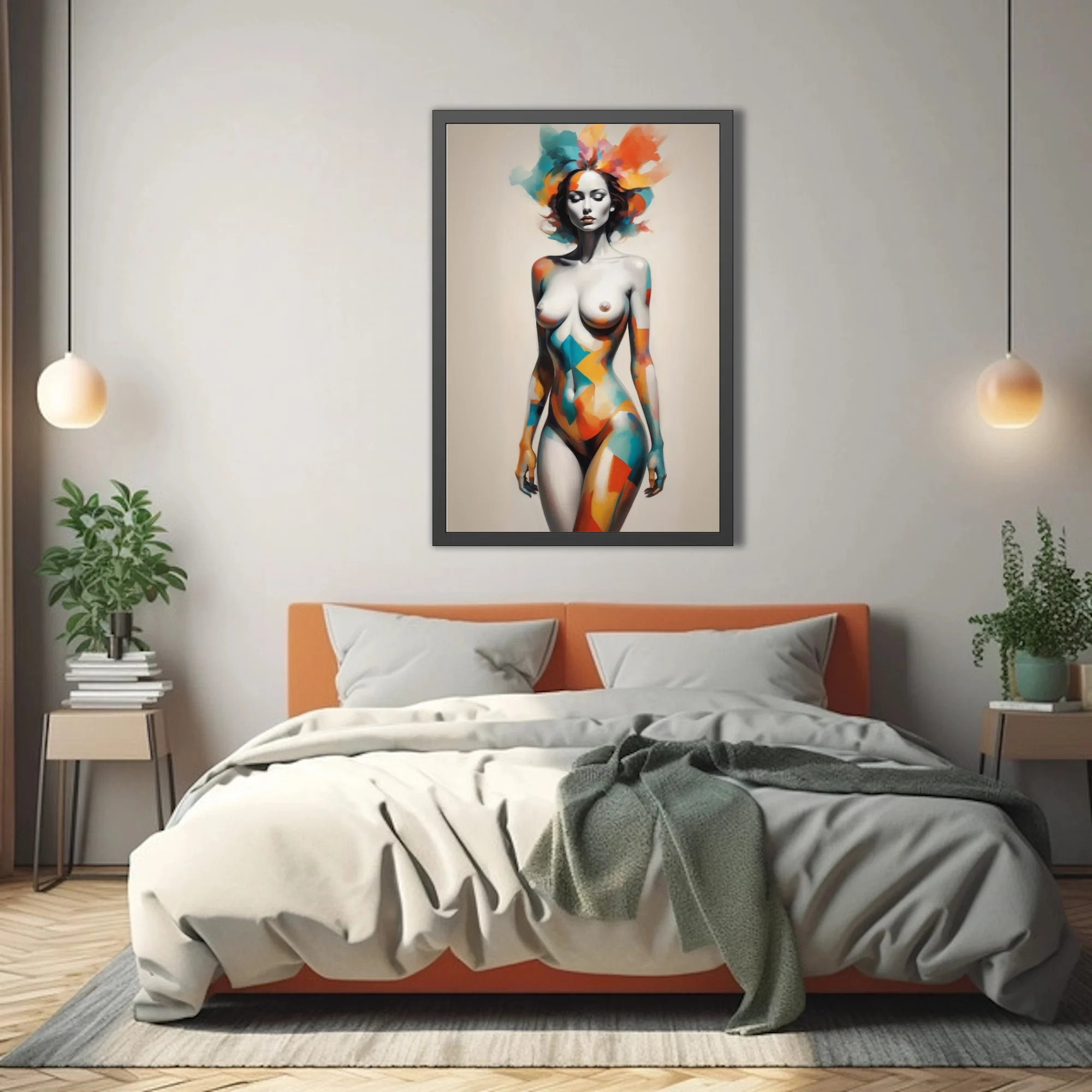 Abstract female figure study with geometric color overlays in teal, orange, and red