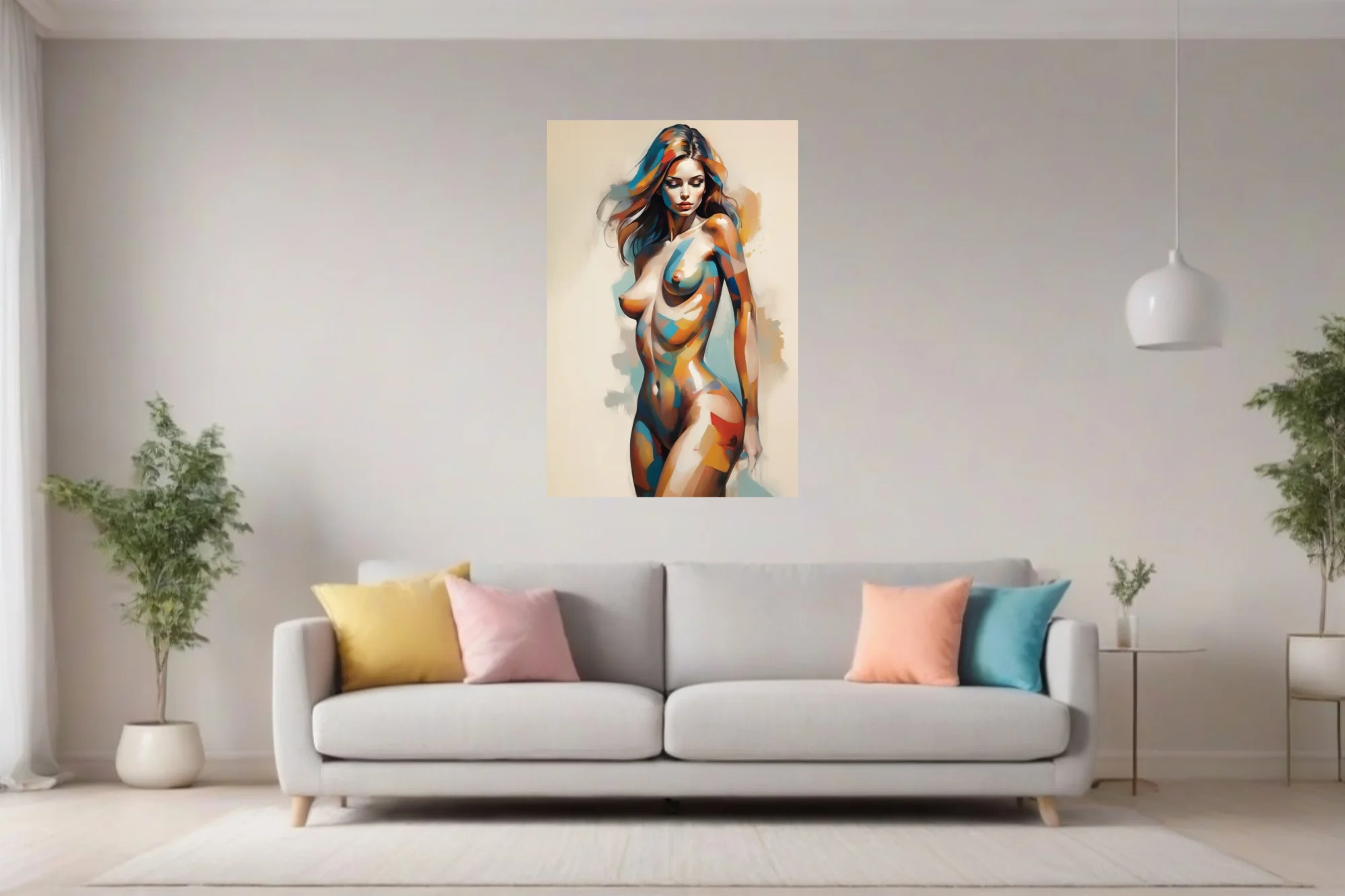 Contemporary abstract nude figure study in cobalt, ochre and teal strokes on ivory ground