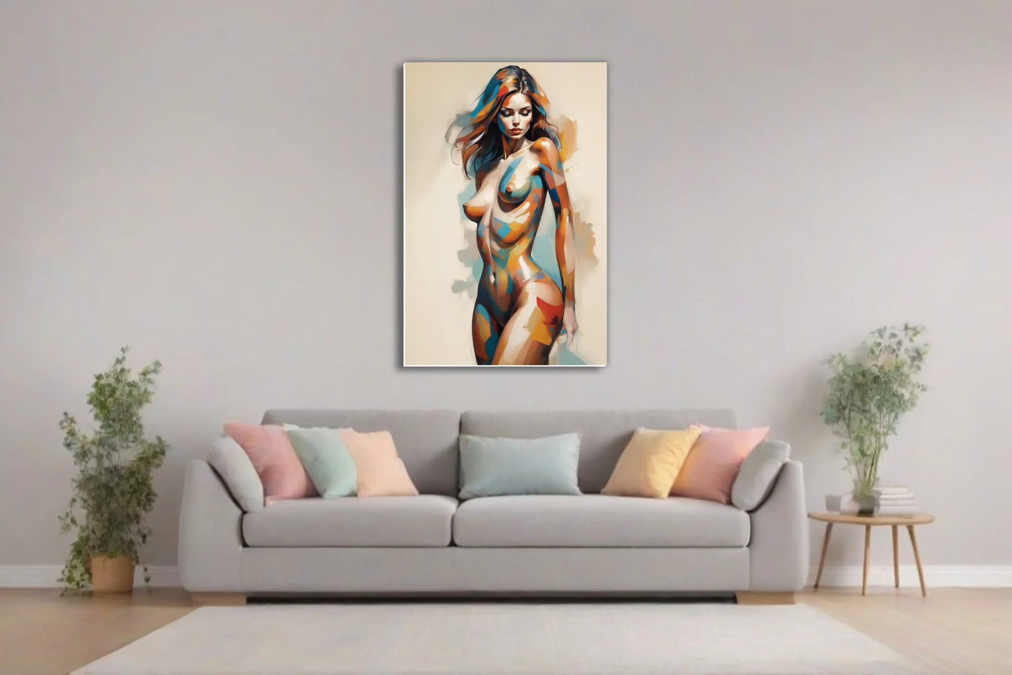 Contemporary abstract nude figure study in cobalt, ochre and teal strokes on ivory ground