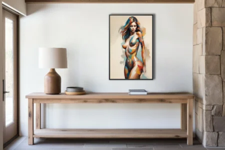 Contemporary abstract nude figure study in cobalt, ochre and teal strokes on ivory ground
