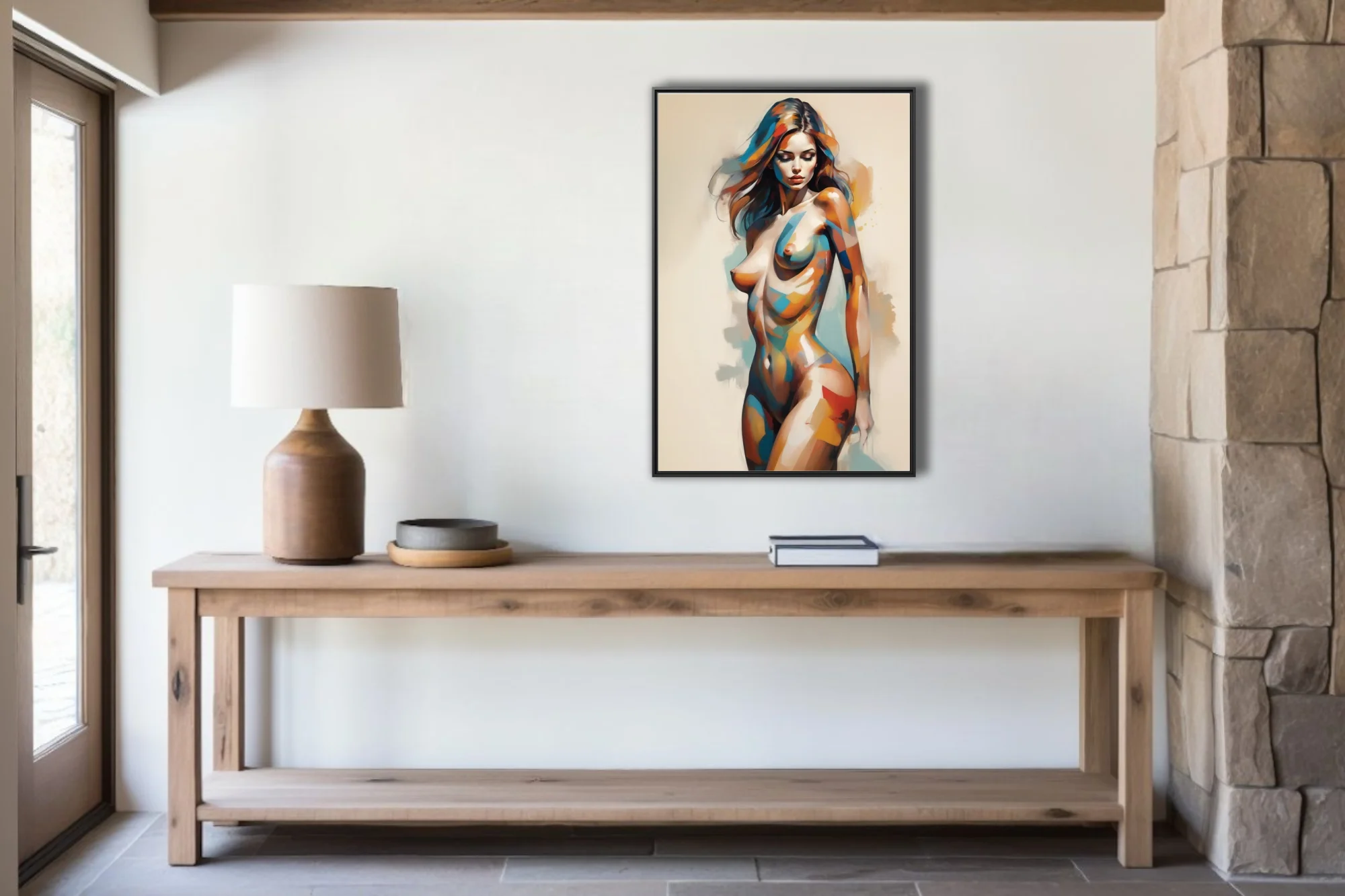 Contemporary abstract nude figure study in cobalt, ochre and teal strokes on ivory ground