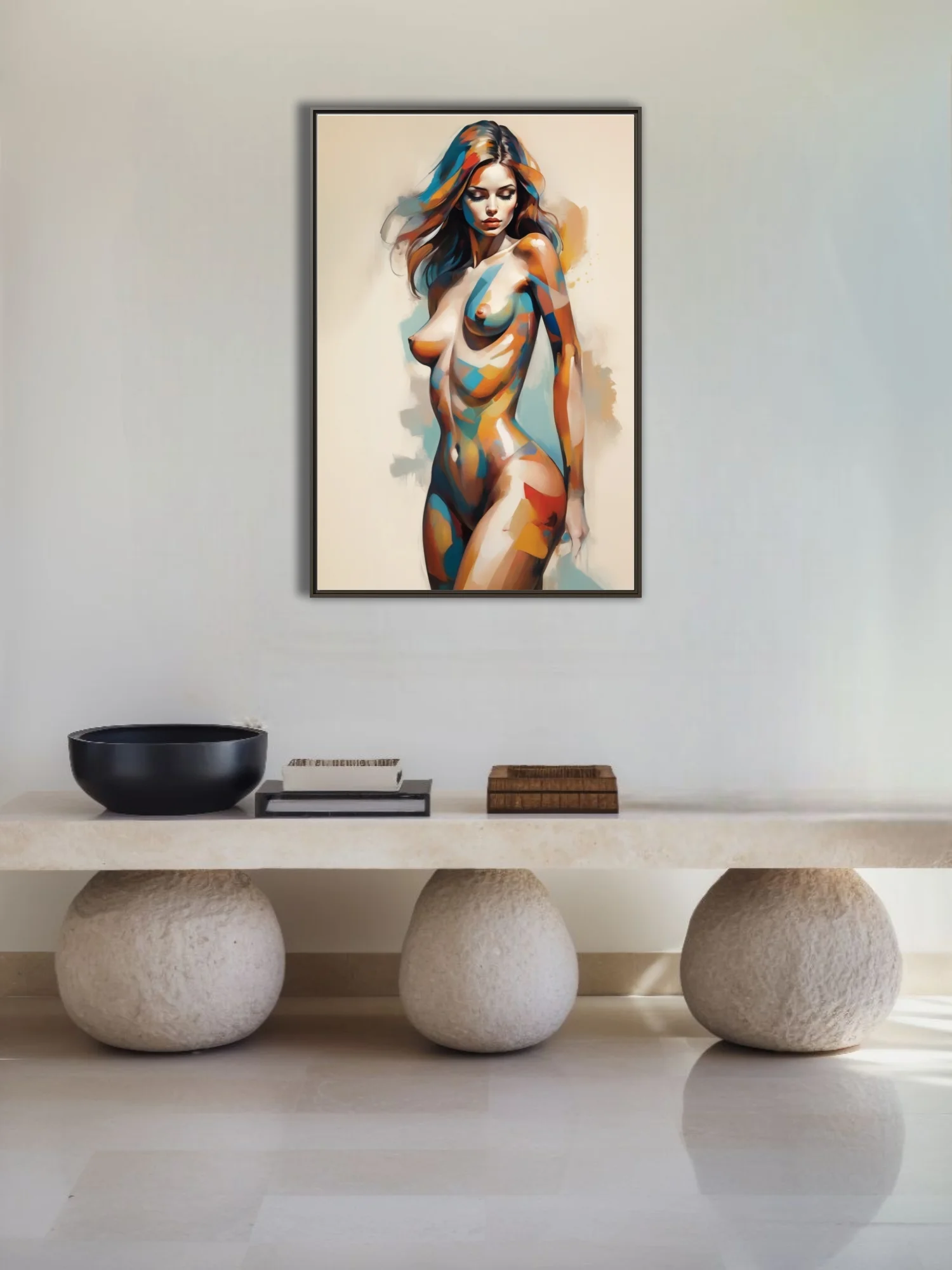 Contemporary abstract nude figure study in cobalt, ochre and teal strokes on ivory ground