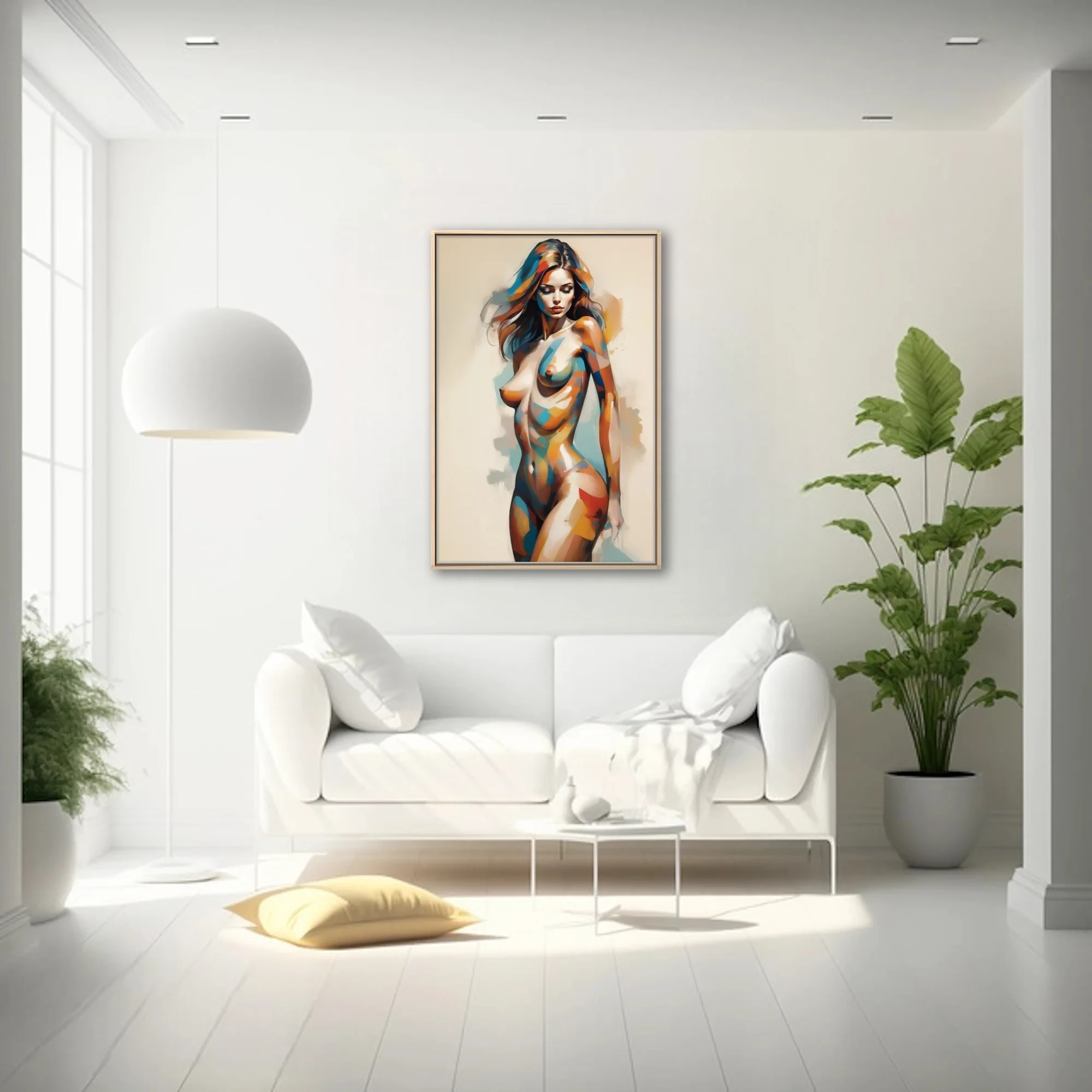 Contemporary abstract nude figure study in cobalt, ochre and teal strokes on ivory ground