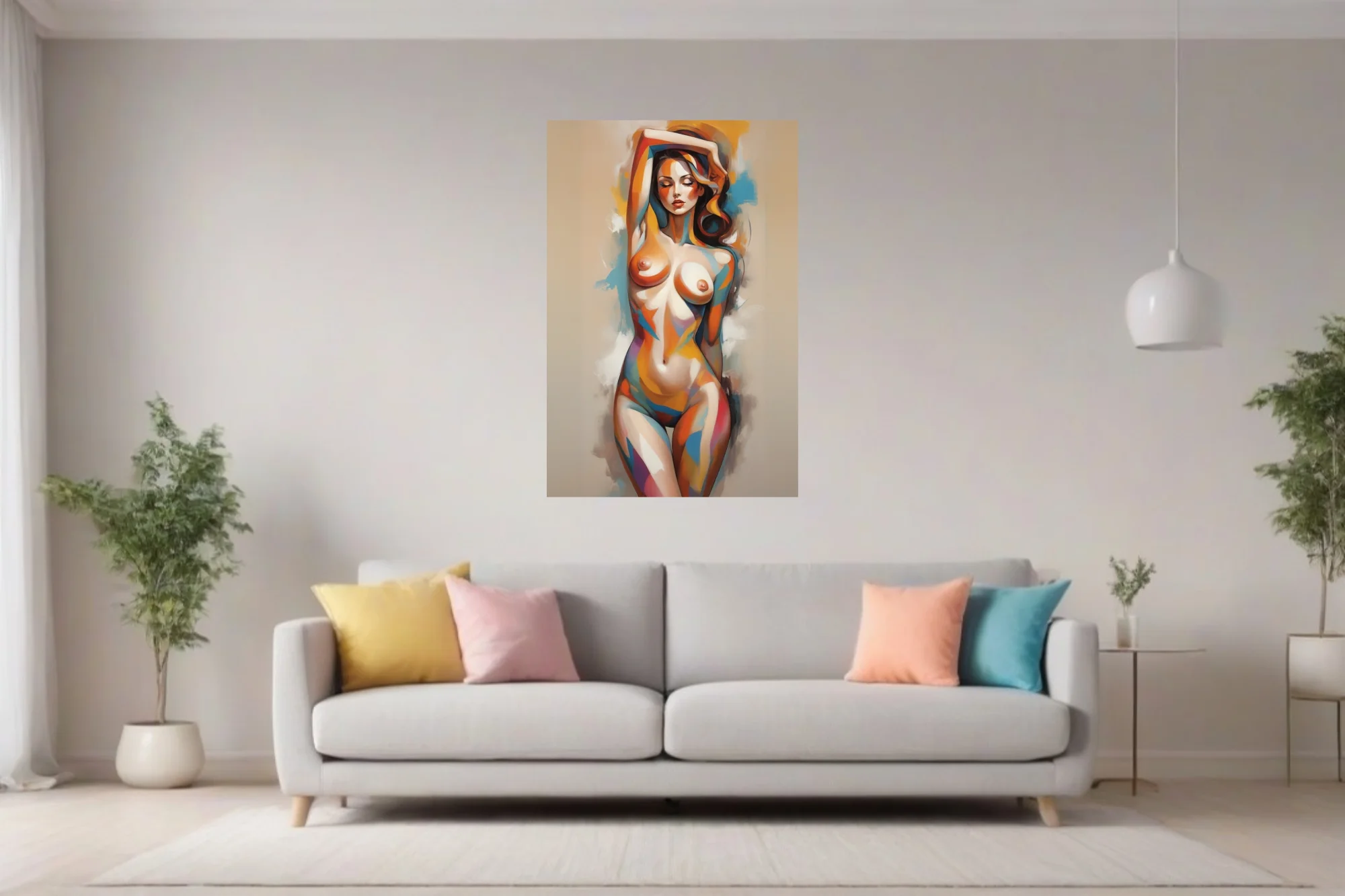 Stylized colorful nude figure study with bold prismatic strokes
