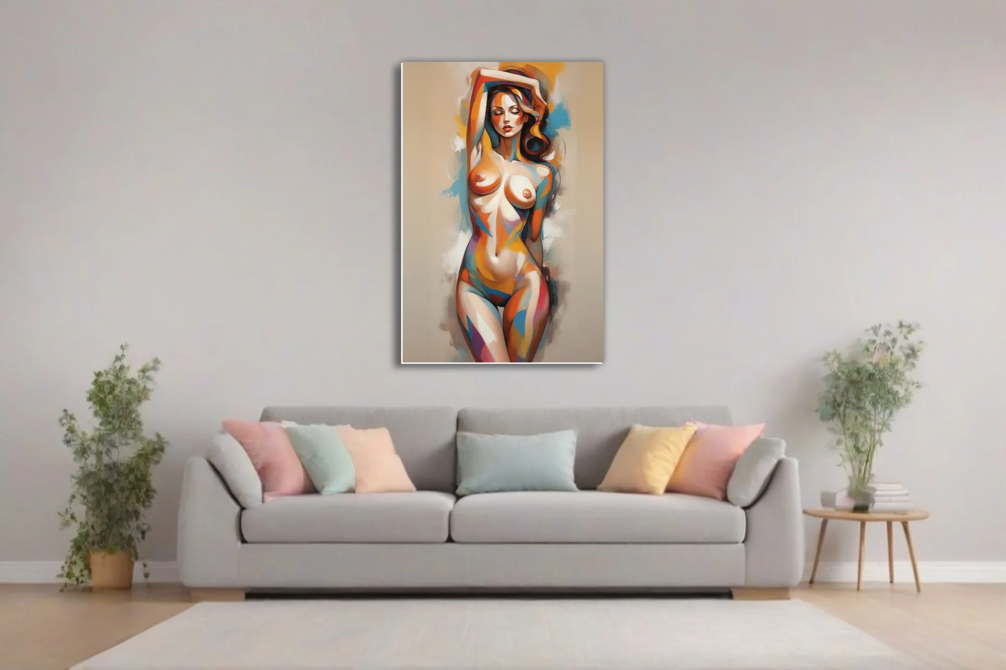 Stylized colorful nude figure study with bold prismatic strokes