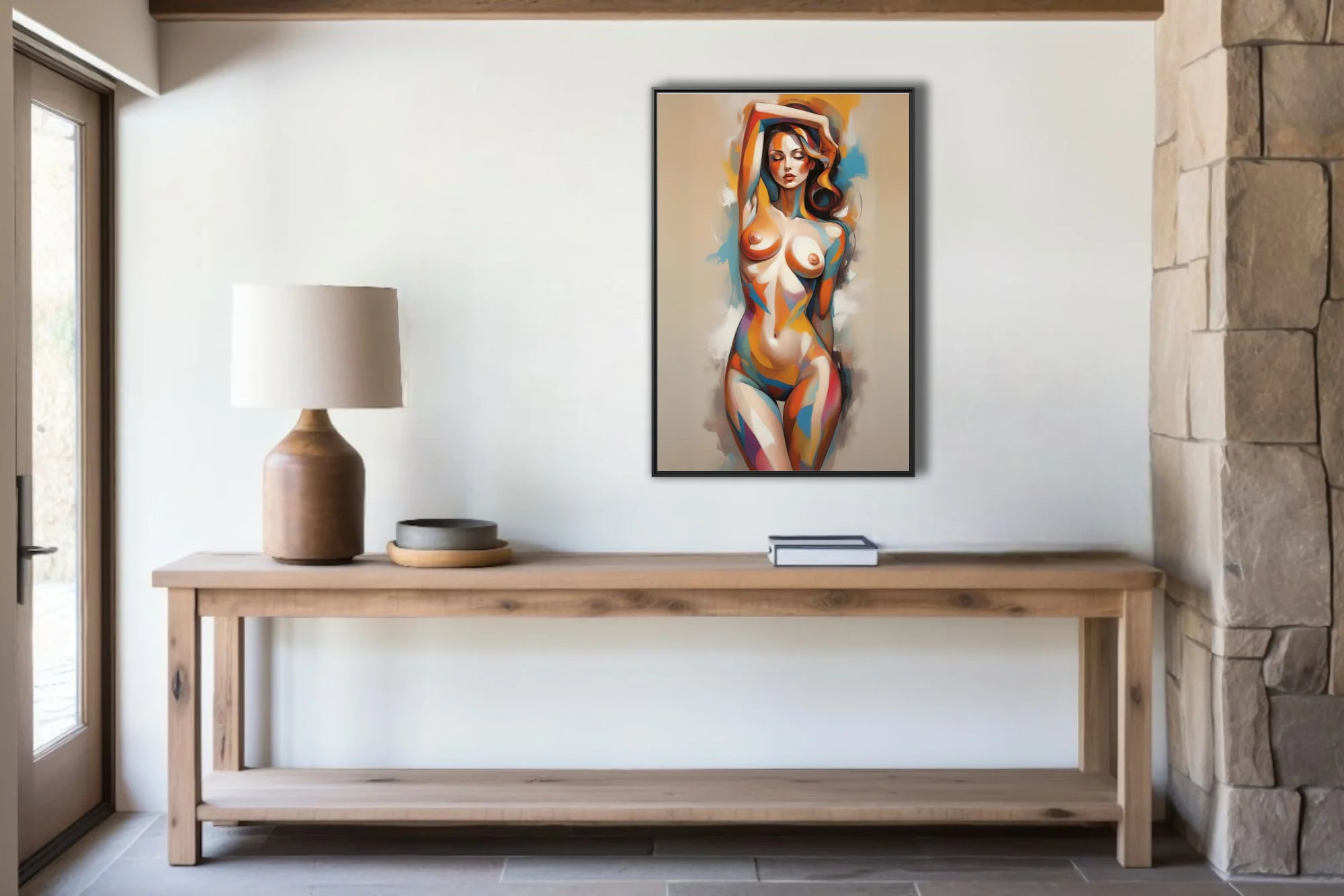 Stylized colorful nude figure study with bold prismatic strokes