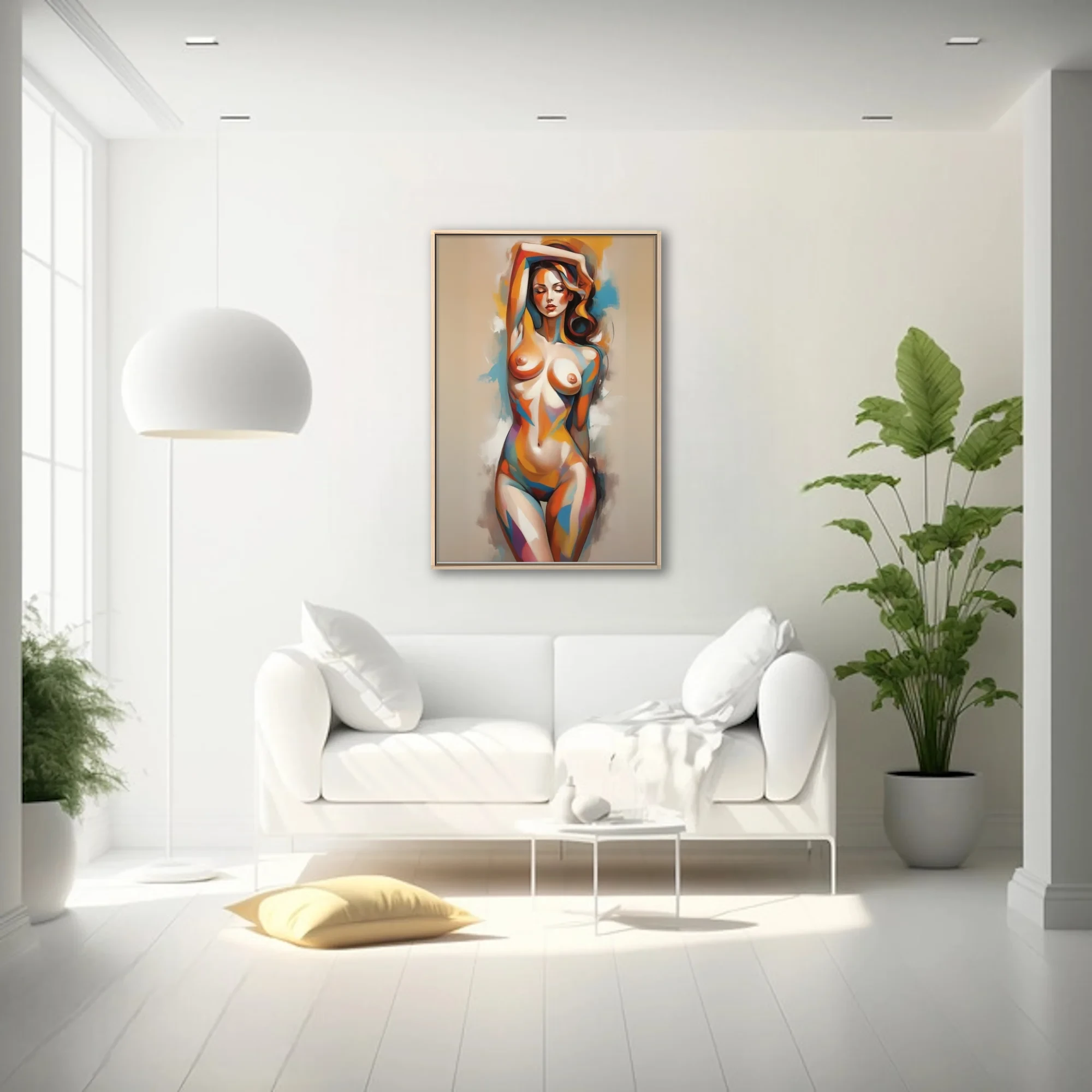 Stylized colorful nude figure study with bold prismatic strokes