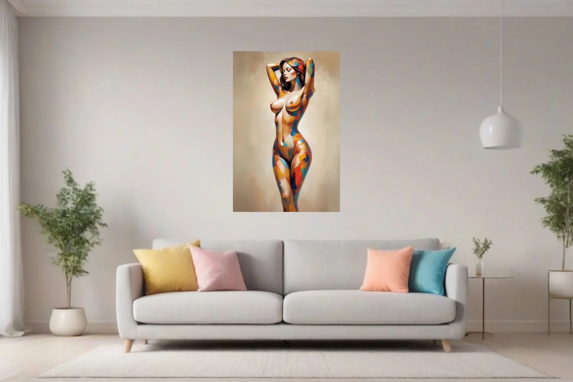 Abstract figurative nude in vivid patchwork strokes on soft taupe — modern painterly wall art