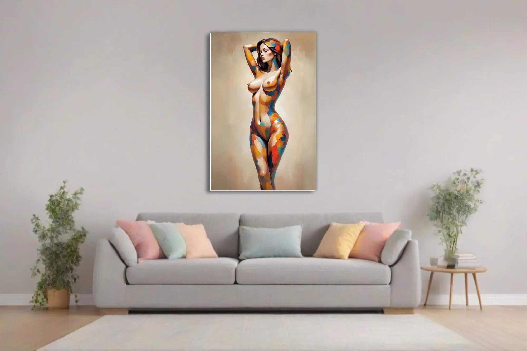 Abstract figurative nude in vivid patchwork strokes on soft taupe — modern painterly wall art