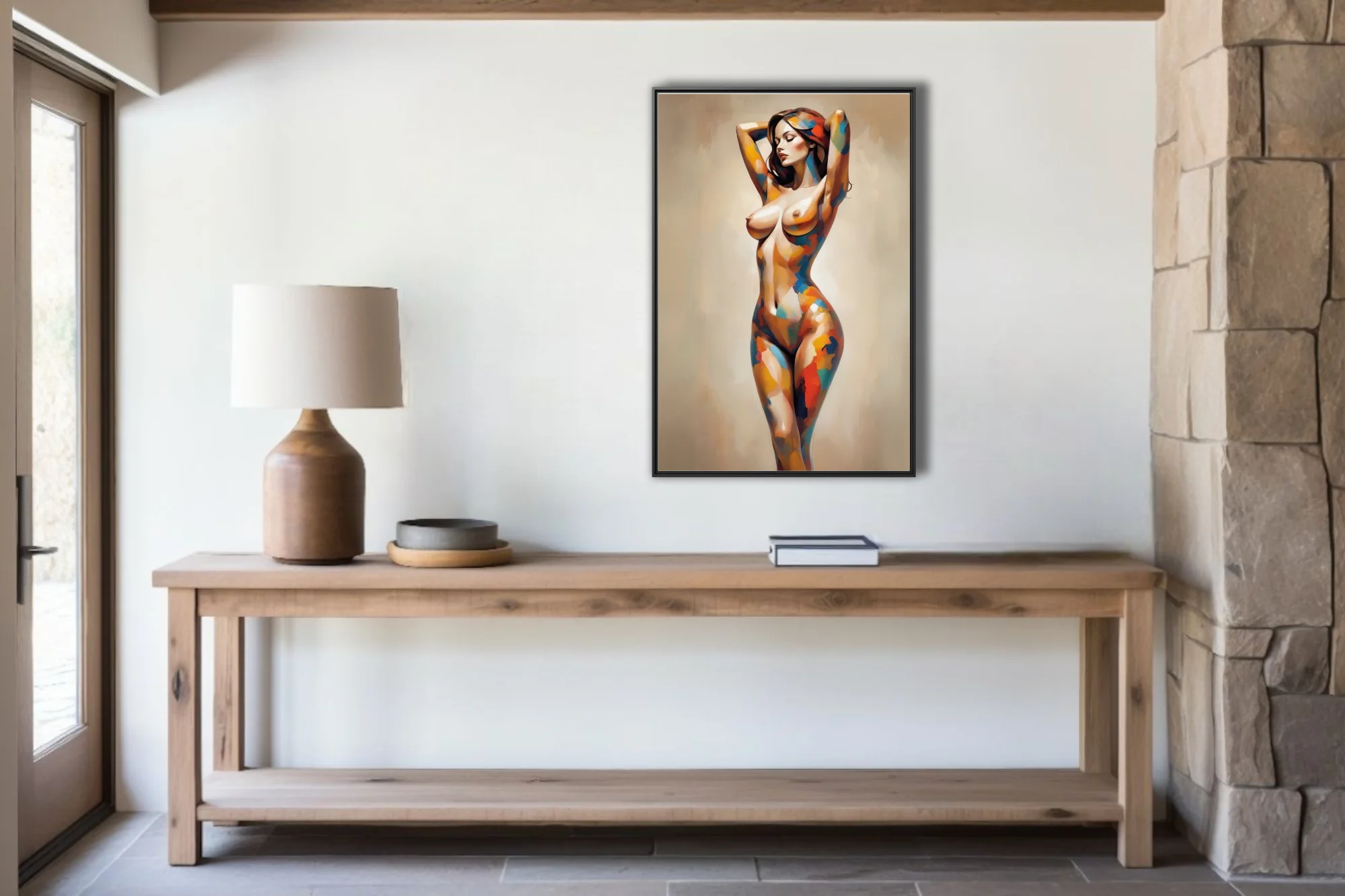 Abstract figurative nude in vivid patchwork strokes on soft taupe — modern painterly wall art