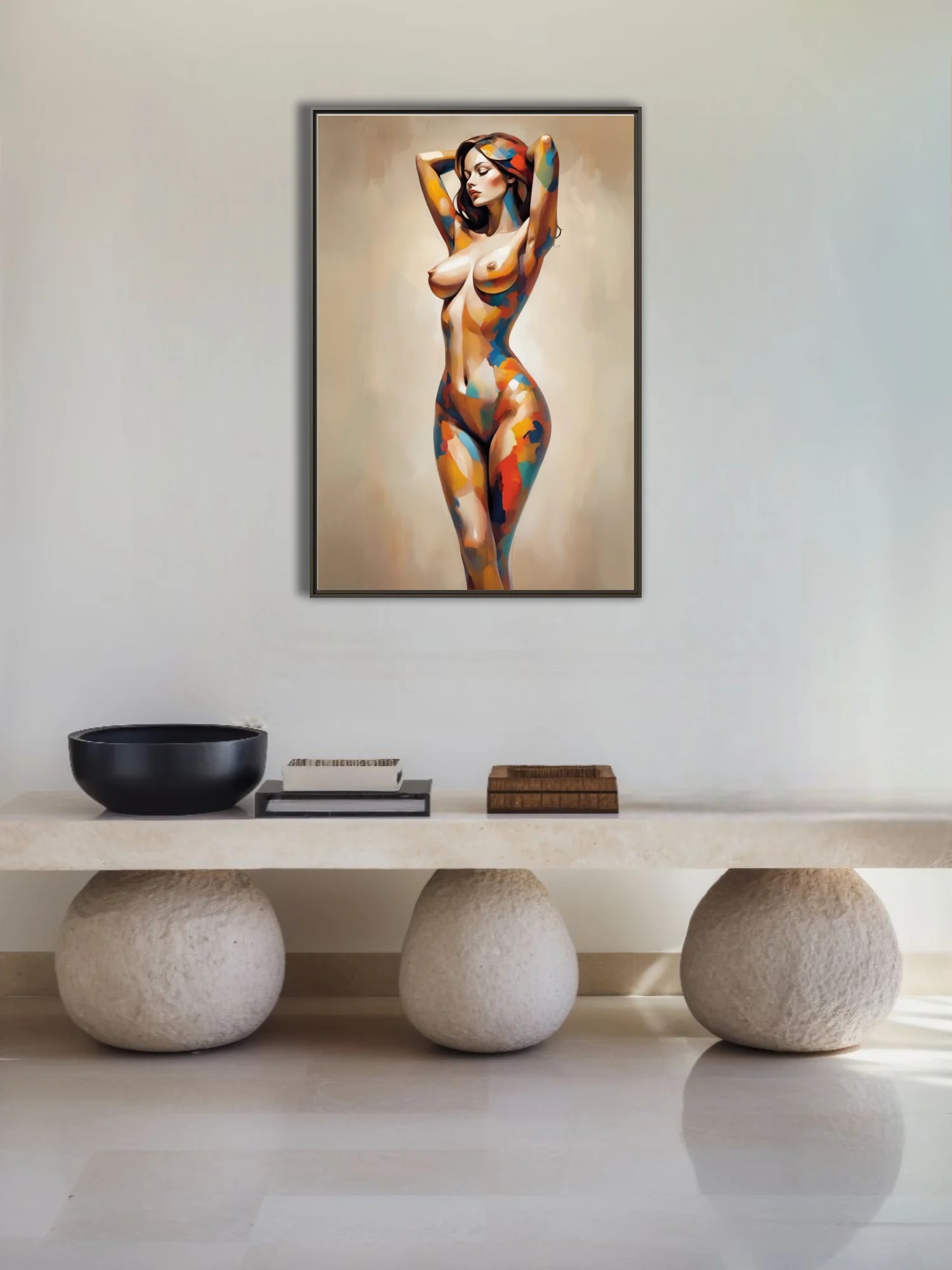 Abstract figurative nude in vivid patchwork strokes on soft taupe — modern painterly wall art