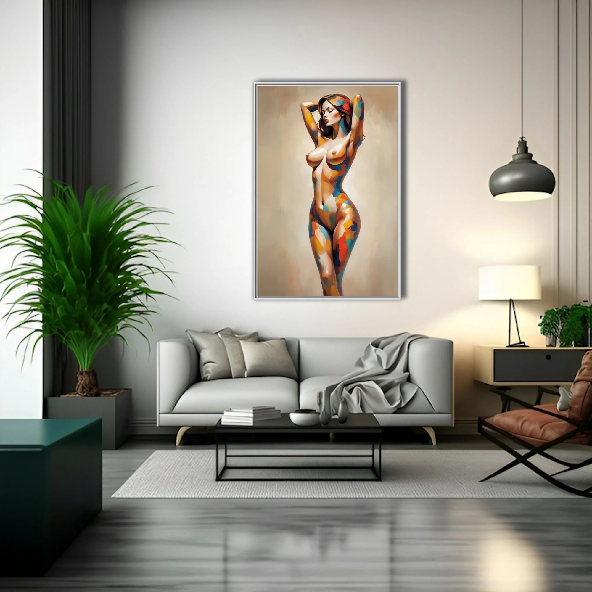 Abstract figurative nude in vivid patchwork strokes on soft taupe — modern painterly wall art