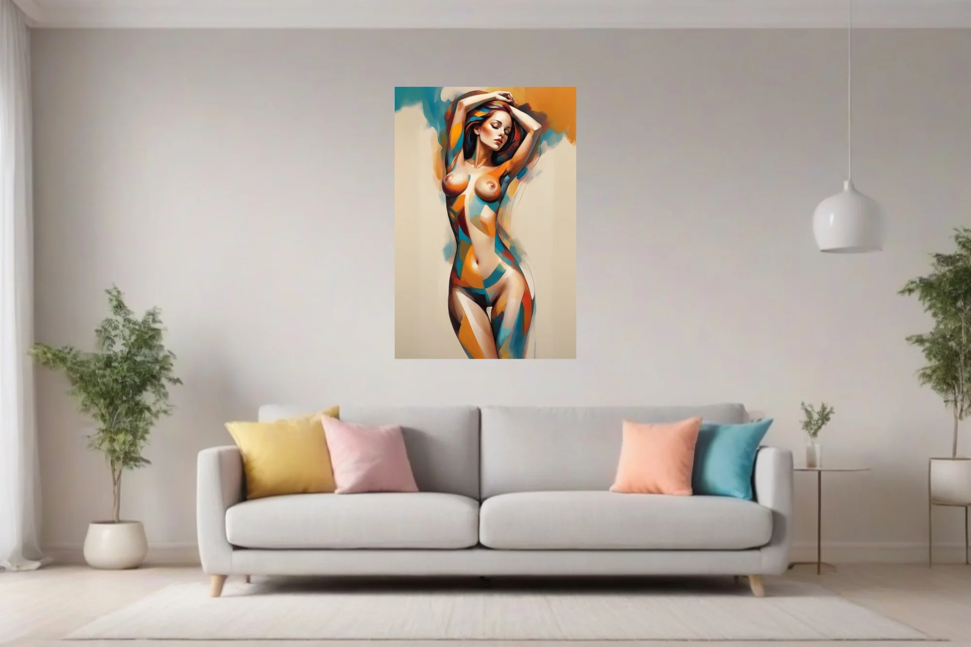 Abstract nude figure study in warm amber, teal, and red geometric tones