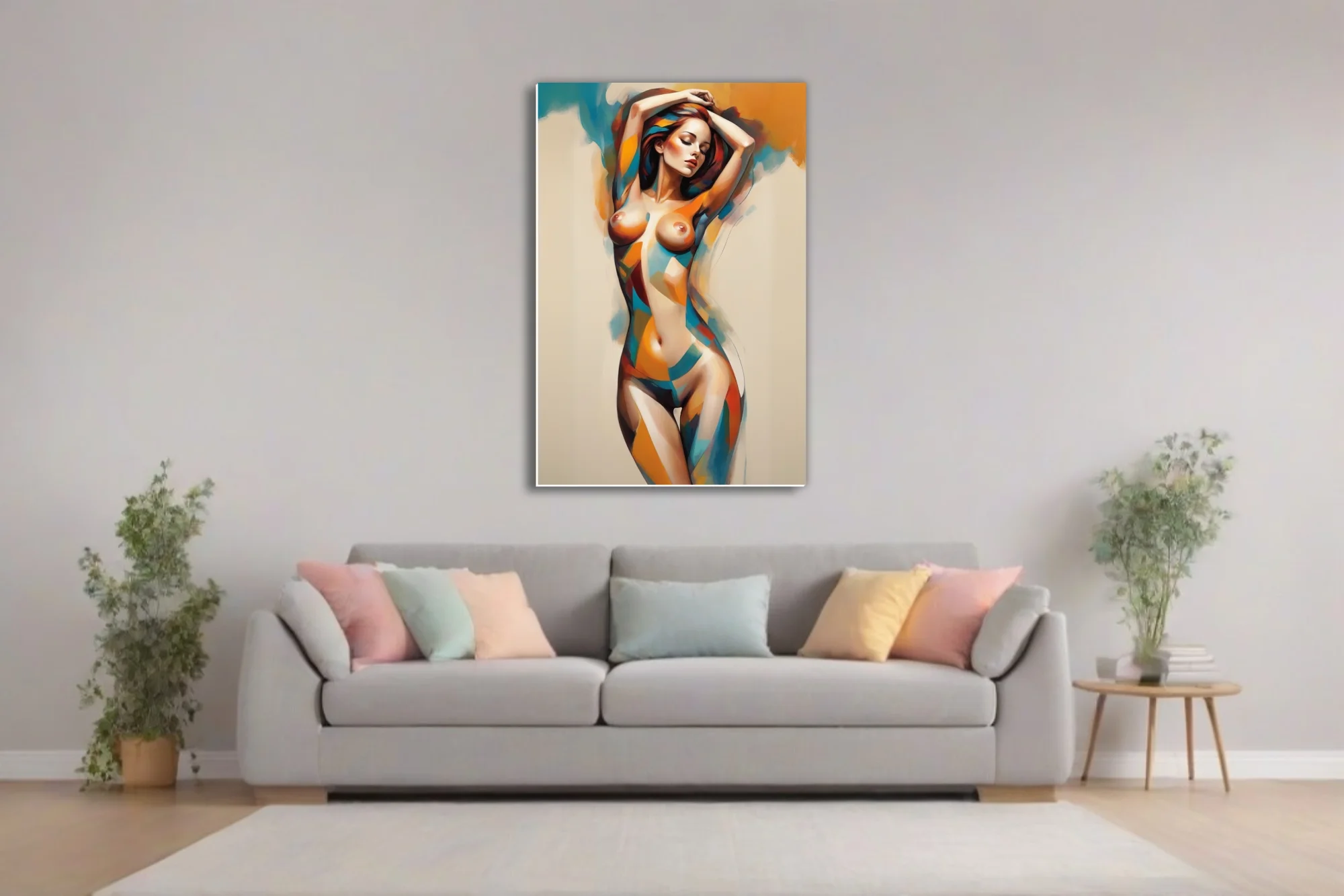 Abstract nude figure study in warm amber, teal, and red geometric tones
