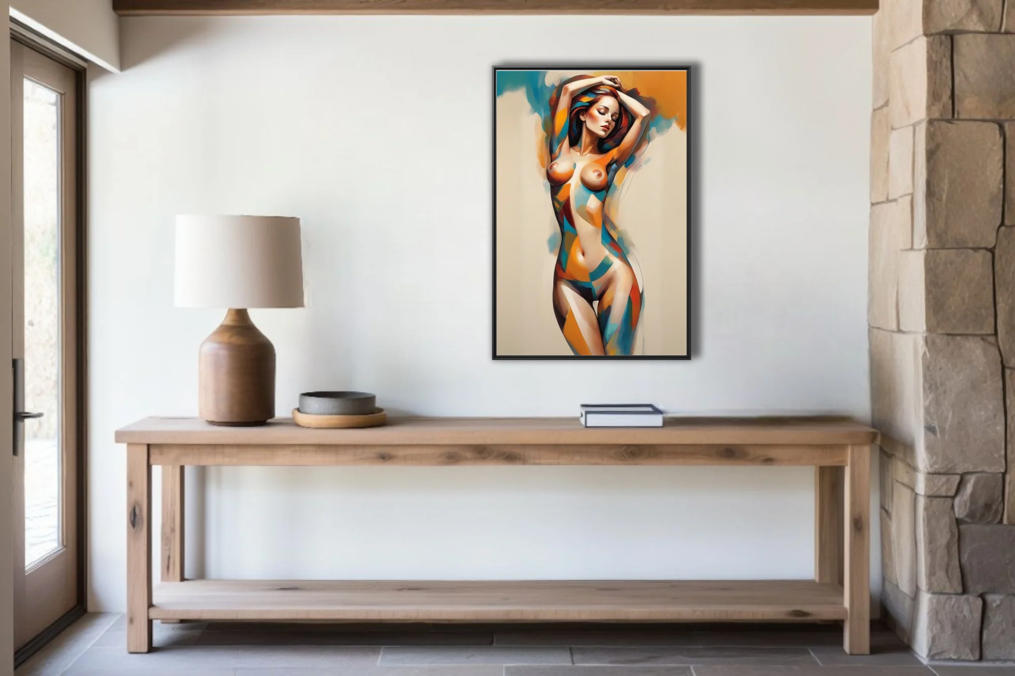 Abstract nude figure study in warm amber, teal, and red geometric tones