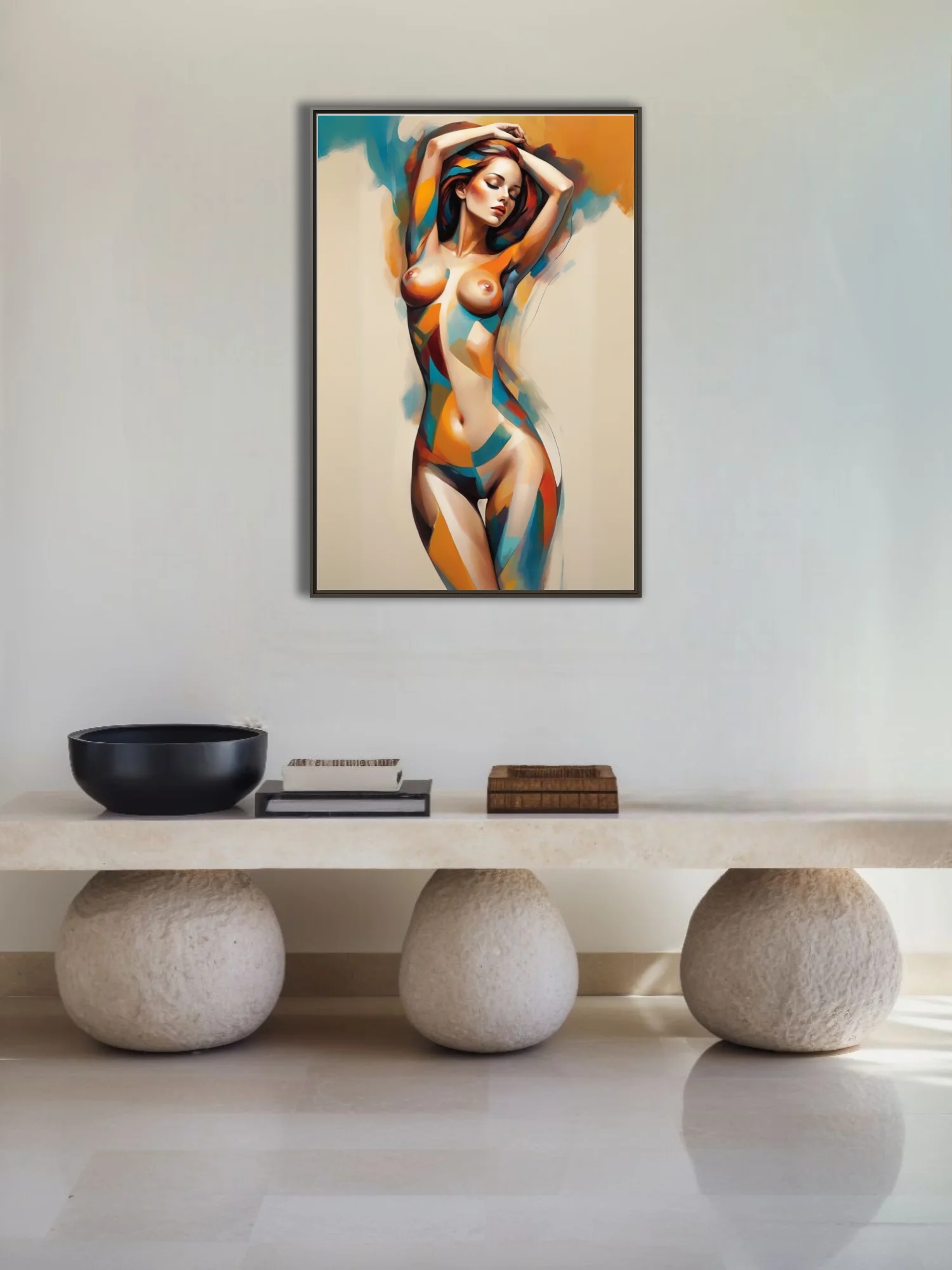 Abstract nude figure study in warm amber, teal, and red geometric tones