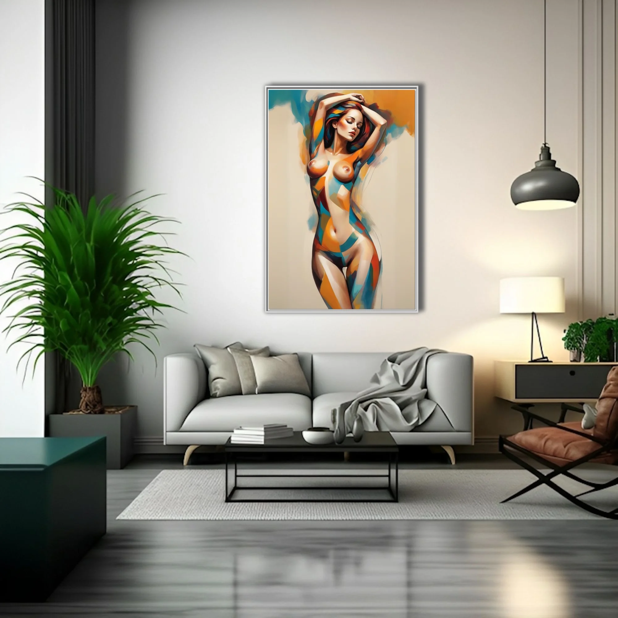 Abstract nude figure study in warm amber, teal, and red geometric tones