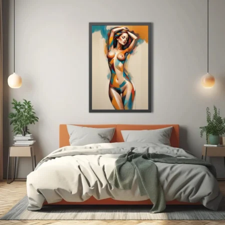 Abstract nude figure study in warm amber, teal, and red geometric tones