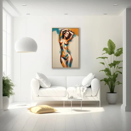Abstract nude figure study in warm amber, teal, and red geometric tones
