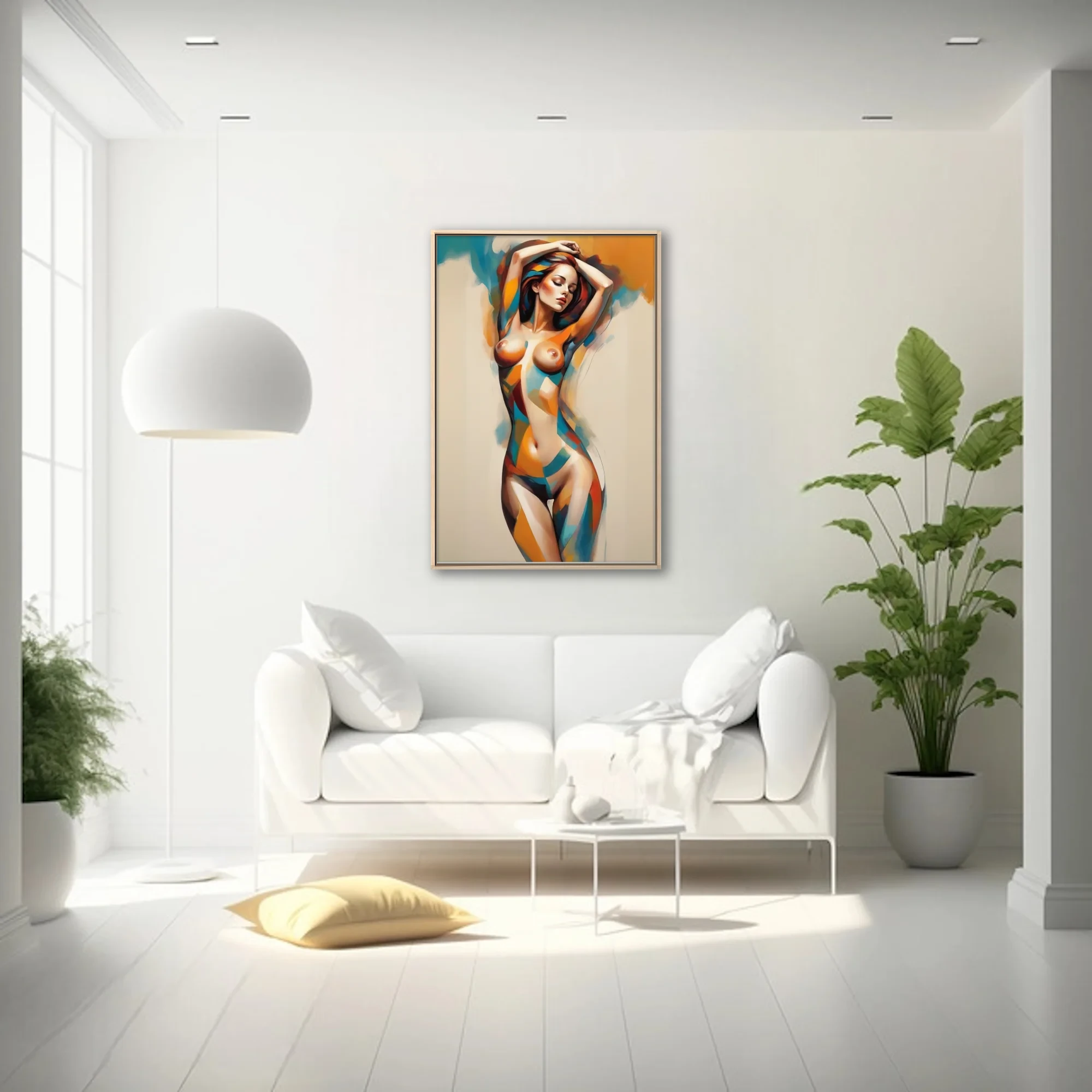 Abstract nude figure study in warm amber, teal, and red geometric tones