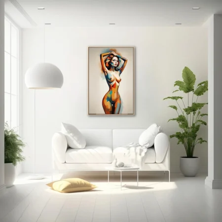 Abstract nude figure study in ochre, cobalt and crimson with bold painterly facets