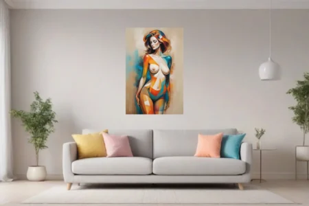 Abstract nude figure study in teal, orange, and warm neutrals