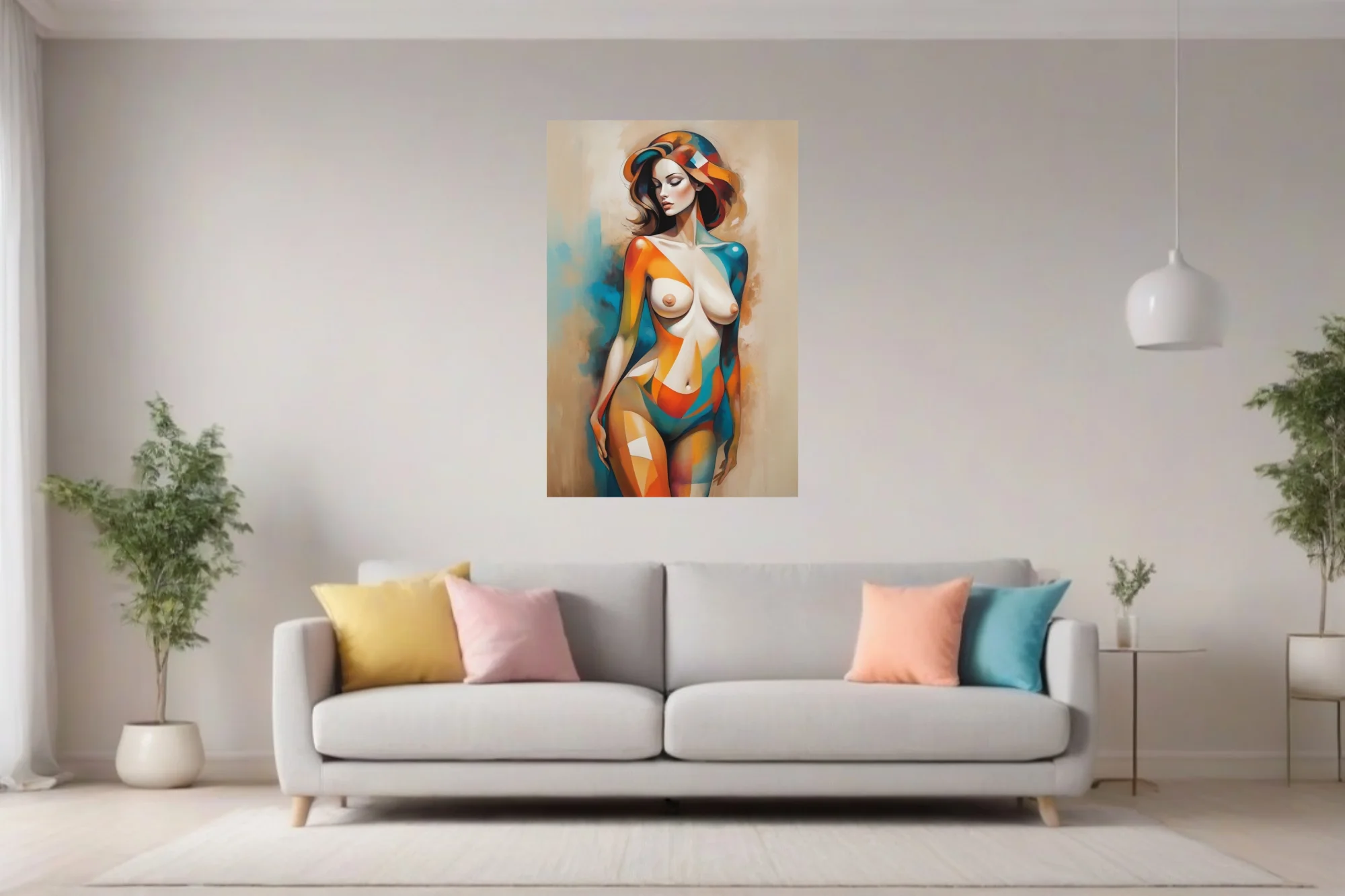 Abstract nude figure study in teal, orange, and warm neutrals
