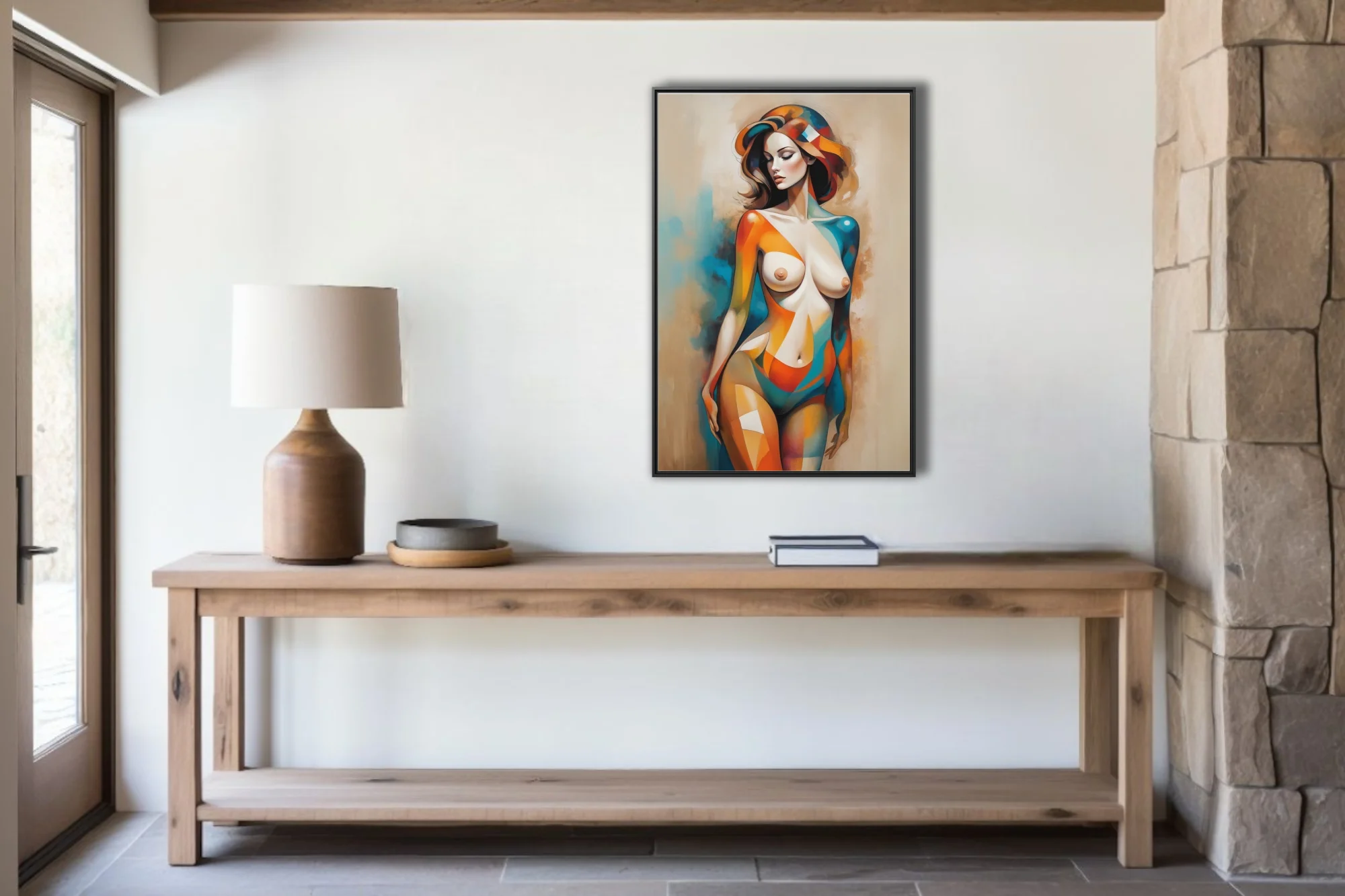 Abstract nude figure study in teal, orange, and warm neutrals