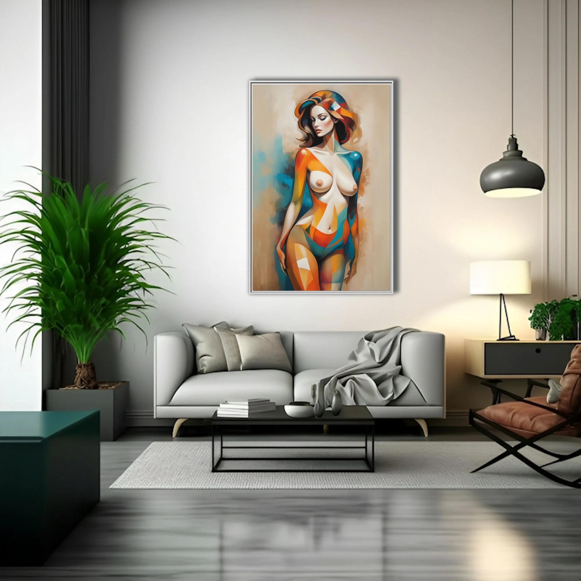 Abstract nude figure study in teal, orange, and warm neutrals