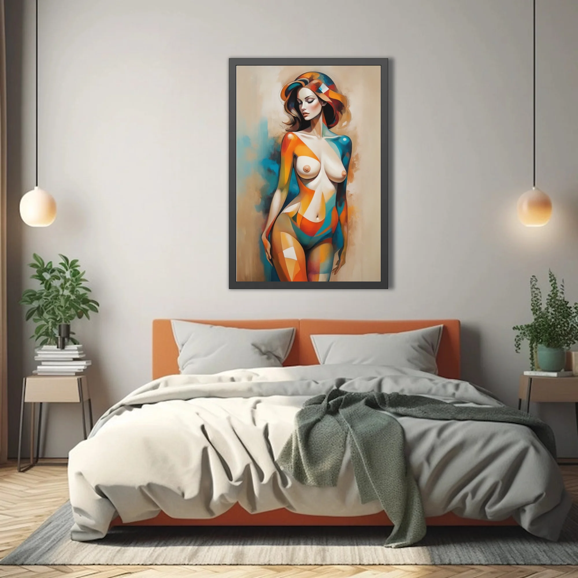 Abstract nude figure study in teal, orange, and warm neutrals