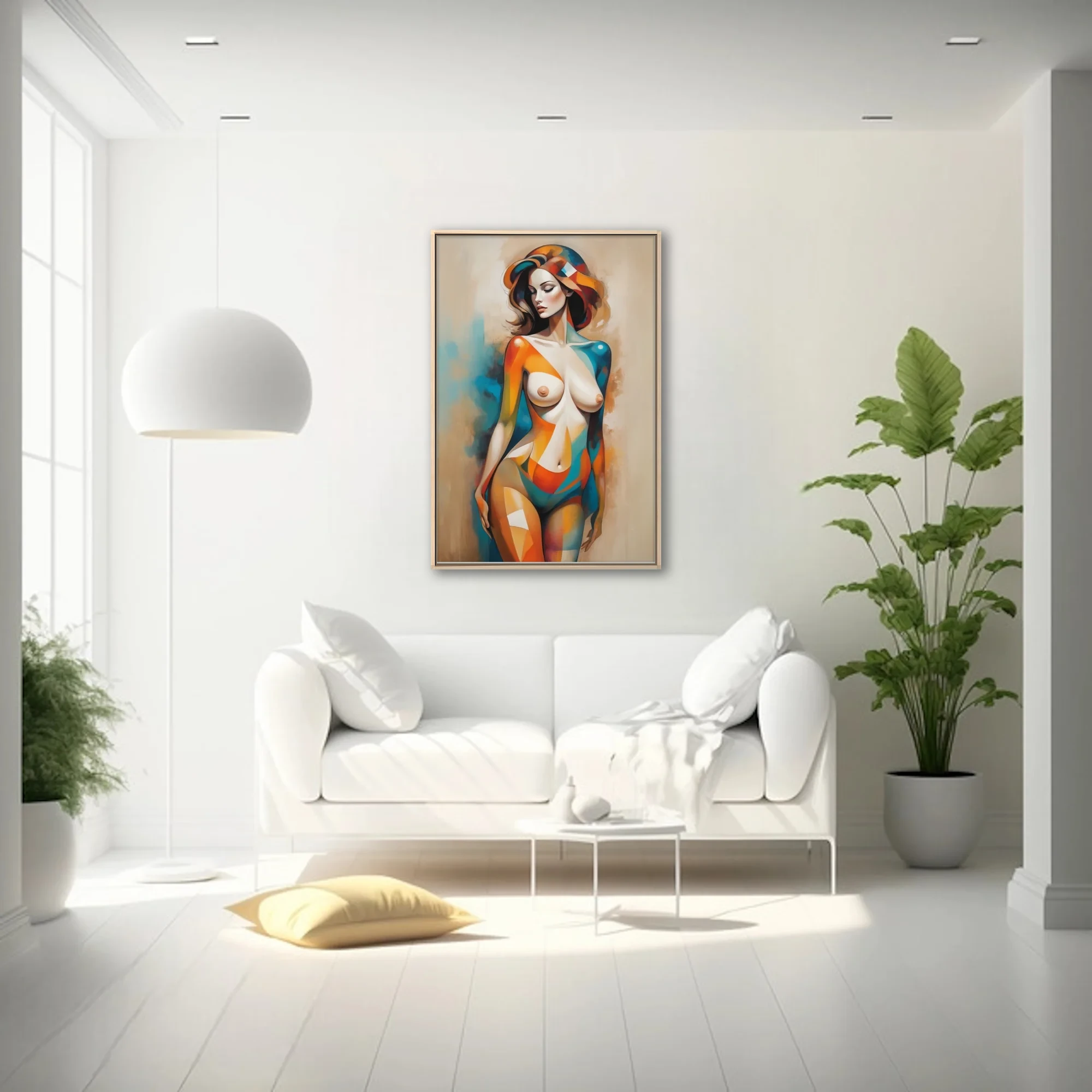 Abstract nude figure study in teal, orange, and warm neutrals