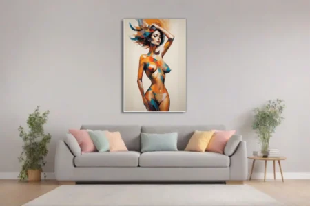 Expressive painterly nude figure study in vivid orange, teal and ochre strokes on ivory