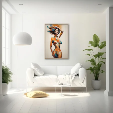 Expressive painterly nude figure study in vivid orange, teal and ochre strokes on ivory
