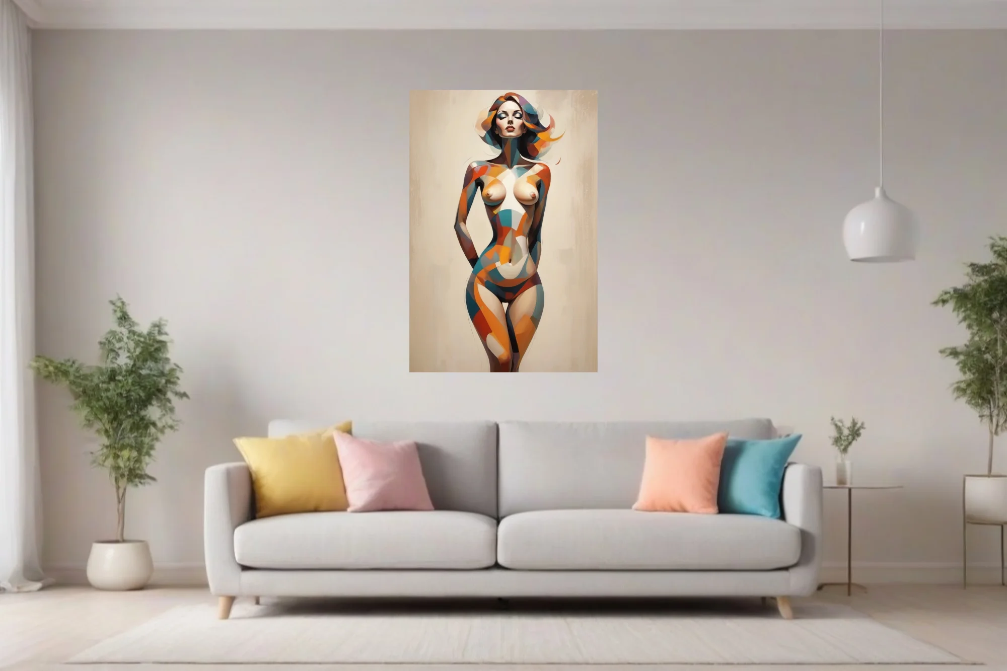 Abstract nude figure in geometric teal orange and terracotta tones