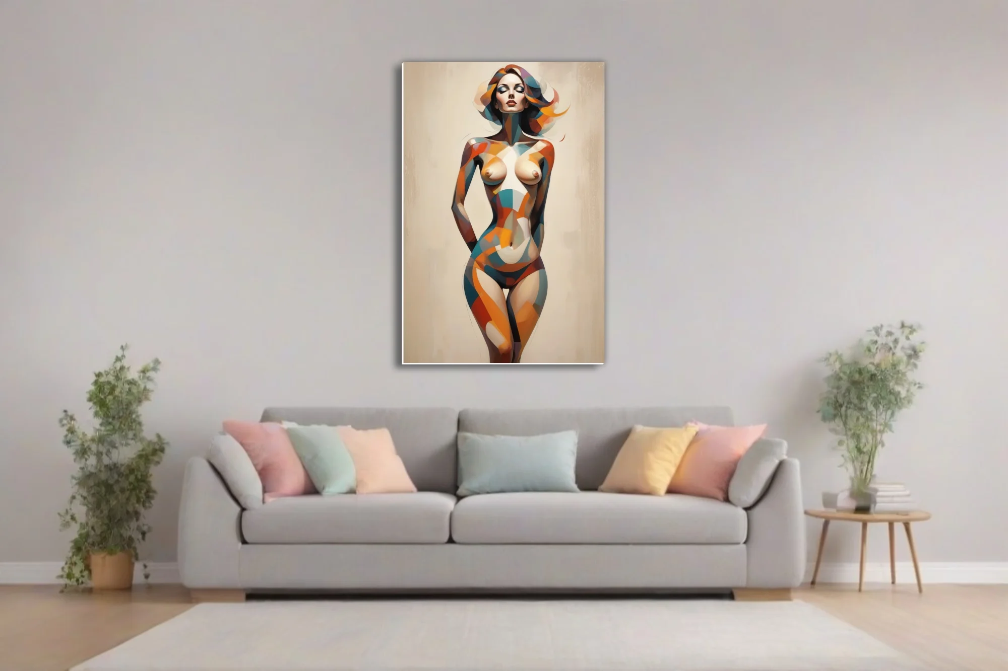 Abstract nude figure in geometric teal orange and terracotta tones