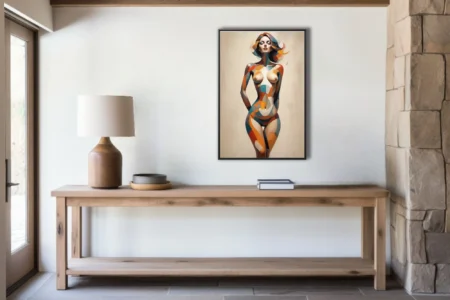 Abstract nude figure in geometric teal orange and terracotta tones